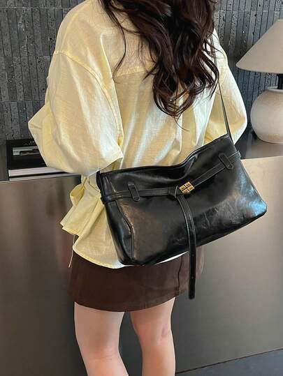 1 pieza Bolso de hombro/cruzado de mujer de cuero PU de unicolor con hebilla, de gran capacidad, versátil y casual para ir al trabajo