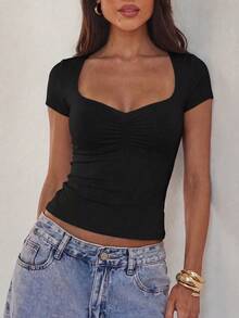 Casual Fashionable Versatile Square Neck Ruffle Front Women T-Shirt, New Spring/Summer, Office Commute,Going Out Tops Women Black - Black - View 2