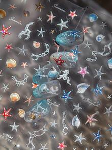1片夏季深海海星贝壳美甲贴纸，美甲师必备，5D立体浮雕炫彩海星贝壳珊瑚美甲装饰设计，自粘式美甲贴纸，DIY美甲，女士美甲配饰礼品，海洋透明风格美甲贴纸 - 彩色 - 查看 2
