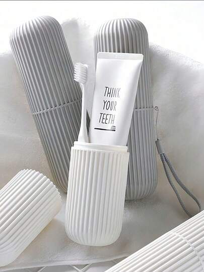 1pc Portable Travel Toothbrush Case Set, Includes Covered Rinse Cup, Toothpaste And Toothbrush Storage Box, Rinsing Cup, Random Color Toothbrush Cup Rope, Makeup Brush Storage Box, Travel Wash Cup, Couples Portable Toothbrush, Travel Supplies, Bathroom Decor, Bathroom Accessories, Storage Organization