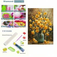 1pc Large Size 5D Round Crystal Diamond Painting, Featuring Yellow Daffodils And Vintage Vase, Handcrafted Crystal Diamonds Sparkling Like Starlight. It Is A Healing DIY Creation, And The Finished Artwork Can Be Used As Home Wall Decor To Add An Artistic Atmosphere. It Also Makes A Heartfelt Handmade Gift For Halloween, Christmas, Lighting Up The Space And Holiday Warmth. No Frame Included. - round diamond - View 3