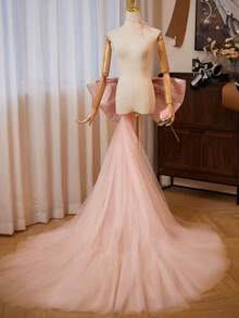 European And American Style Bridal Wedding Dress, Forest-Inspired, Detachable Large Bow And Tulle Train At Back - Pink - View 2