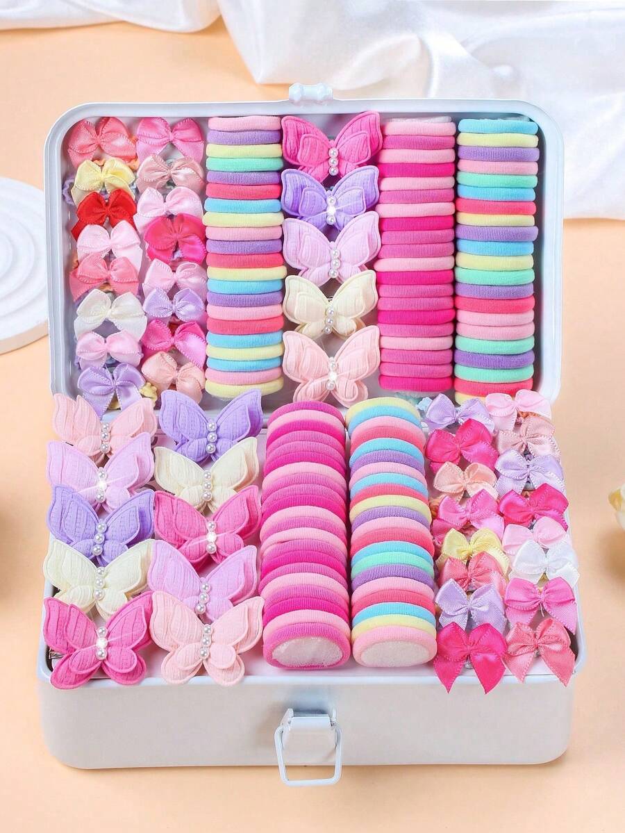 115pcs/Set Pink Hair Accessories Set - Suitable For Girls And Women, Includes Bow Hair Ties, Pearl Butterfly Hair Clips, Colorful Scrunchies, Minimalist And Practical Hair Accessories, Claw Clips, Ponytail Holders, Headband, Headpiece - Multicolor - View 1
