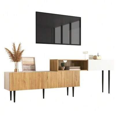 Modern TV-Schrank With Verstellbarer Länge, Modulares 2-Teiliges Design, Holzoptik + White Matt, Schwarze Metallbeine, Multifunktionales Wohnzimmermöbel