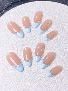 10片手工美甲贴纸，短指甲适用，法式杏仁形美甲，裸色、粉蓝色，清新柔美风格，提亮优雅，日常通勤必备，手绘粉蓝色法式甲尖搭配银色珠饰，包含美甲工具，适合女性和女孩，易于粘贴和卸除，杏仁形美甲贴纸 - 淺藍色 - 查看 6