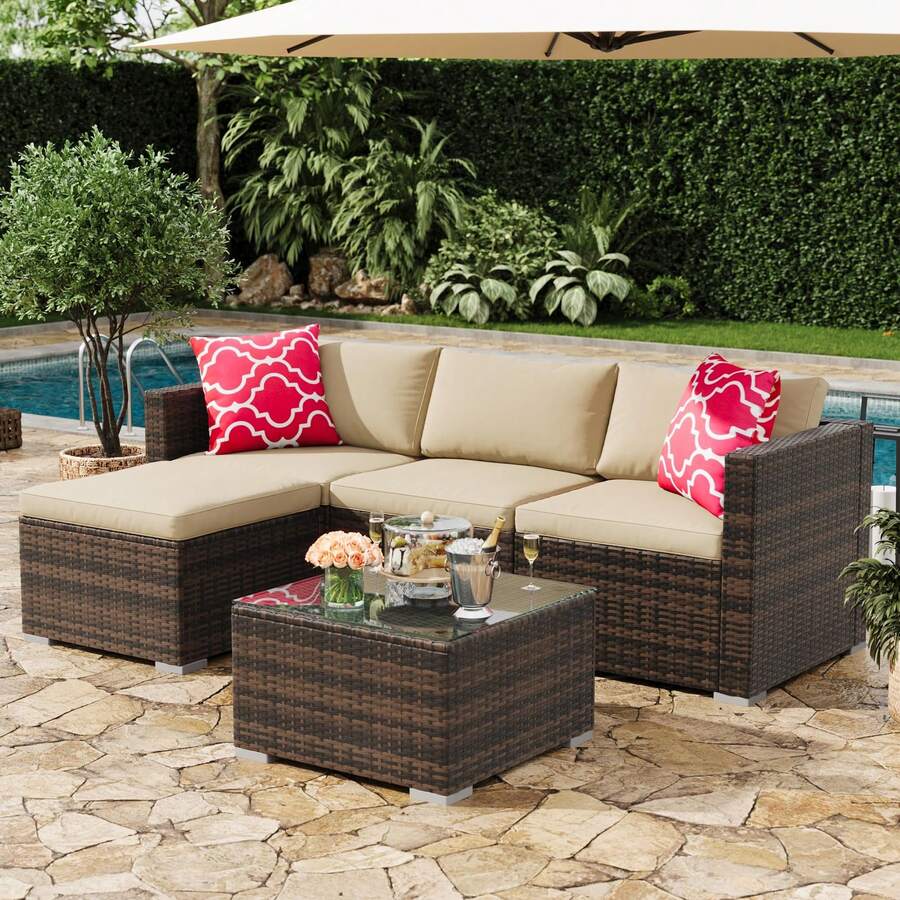 5-Piece Outdoor Sectional Sofa Set, All-Weather PE Rattan Patio Furniture With Ottoman & Tempered Glass Table, Convertible Garden Couch For Backyard, Porch, Poolside - Nâu/Kaki - Xem 1