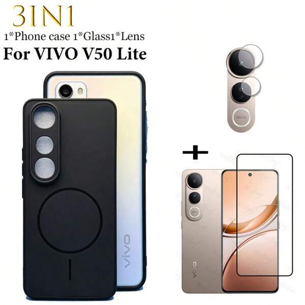 Ốp lưng từ tính giả 3 trong 1 cho V50 Lite kèm miếng dán màn hình cường lực + miếng dán bảo vệ ống kính | Ốp lưng cứng chống trầy xước, chống sốc