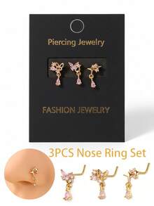 Set de 3 piezas de 20G de pendientes en forma de L con tarjeta - Anillos para la nariz con mariposa de corazón de CZ rosa, joyería de piercing nasal, piercing de nariz de oro/plata para mujeres - 3 unids/set - Ver 1