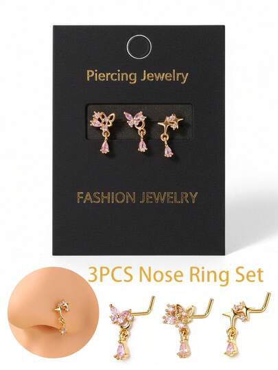 3pcs/Set 20G L-Shaped Dangle Nose Rings - Pink CZ Butterfly Heart Nose Hoop, Nose Piercing Jewelry, Women's Gold/Silver Nose Rings