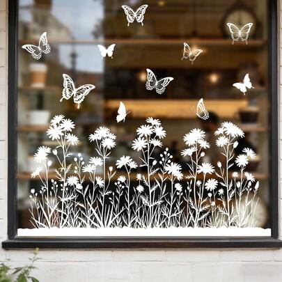 1/4 Peças Adesivo de Janela Elegante com Padrão Floral de Margarida Branca e Borboleta, Adesivo de Vidro Estático Dupla Face Reutilizável, Adequado para Sala de Estar, Quarto, Escritório, Cozinha, Decoração do Lar