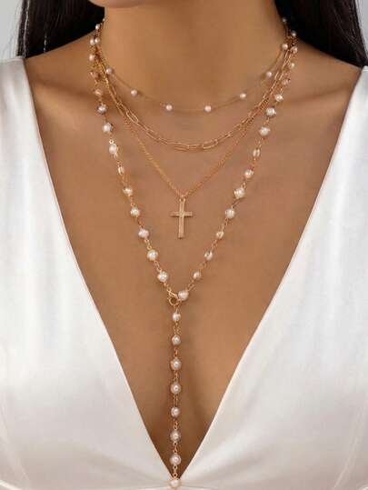 Set de 4 collares cruzados con perlas falsas en capas, versátil y de moda, adecuado para uso diario, viajes, citas, fiestas de las mujeres, gran regalo para amigos