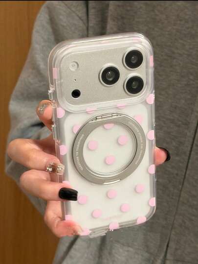 Ốp điện thoại xoay 360° họa tiết chấm bi trắng hồng, phù hợp với 17 Pro Max, thiết kế sáng tạo, bảo vệ toàn diện chống rơi vỡ, ốp điện thoại thời trang cho 17 Pro 13 16 Pro 17