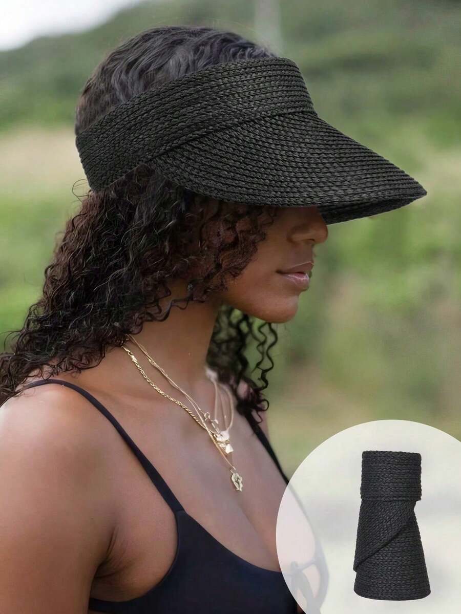 Sombrero de sol para mujer, sombrero de playa, sombrero de paja de raffia, sombrero de paja con ala ancha y coleta, plegable, regalo, verano