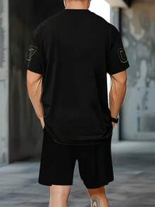 Minimalist American Style Black & Gold #07 Printed Set, Men's Casual Daily Wear Short Sleeve T-Shirt And Shorts Combination - Multicolor - View 4