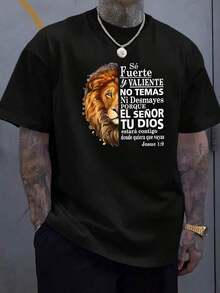Camiseta gráfica de león inspiradora para hombres - Estampado de cita en español Fuerter El Valiente, 100% , cuello ribeteado suave, ligero estiramiento, ropa casual de verano, varios colores disponibles, camiseta de uso diario Camiseta gráfica audaz Textura ribeteada - Negro - Ver 8