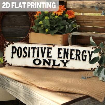 1 tấm trang trí tường bằng kim loại phong cách trang trại cổ điển "Năng lượng tích cực" - Chữ màu đen bạc, tấm sắt rộng, thích hợp trang trí lối vào nhà/văn phòng, tranh nghệ thuật khẳng định tích cực, kích thước 9.98 x 39.98 cm, thiết kế phẳng 2D.