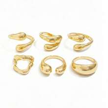 6pcs Set Gold Irregular Ring Set, Bohemian Style Molten Metal Stackable Rings, Retro Luxurious Edgy Jewelry, Assorted Gold Tone Irregular Designs - Vàng - Xem 5