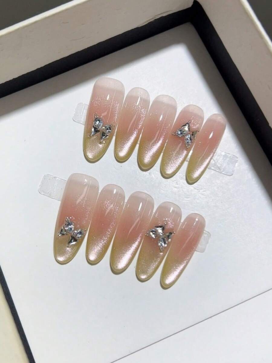 10 móng tay giả thủ công hình oval, móng dài, móng hồng tối giản, móng mắt mèo xanh gradient kiểu Pháp, đính đá hình bướm và kim cương, móng đơn giản thanh lịch mùa xuân, móng giả mùa hè, thích hợp cho tiệc tùng, hẹn hò, đi biển, nghỉ dưỡng nhiệt đới, tự làm móng nghệ thuật phù hợp cho phụ nữ và bé gái làm quà tặng. - Nhiều màu - Xem 1