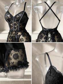 Women's Black Lace Sexy Lingerie Set With Floral Sheer Mesh Deep V Neck And Cross Back Adjustable Straps For Romantic Nights - 黑色 - 查看 3