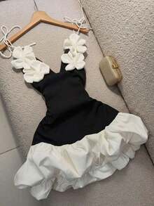 Women's Knotted Strap Dress, Floral Bud Hem, Suitable Valentine's Day, Party, Evening Events Summer - Đen và trắng - Xem 4