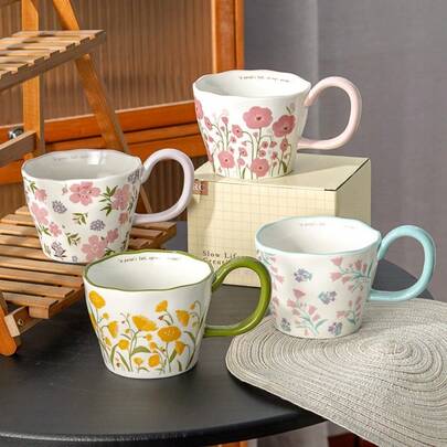 18.6 Oz Floral Ceramic Mug, Asymmetrical Handle, Wavy Rim, Microwave & Dishwasher , Ideal For Students, Office, Home, Breakfast, Milk, Gift For Friends, Girlfriend, Mother's Day