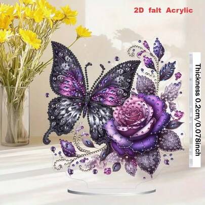 Bộ tranh đính kim cương 2D tự làm với các viên kim cương acrylic/PMMA không đối xứng, bộ đồ thủ công nghệ thuật khảm hình bướm, bao gồm giá đỡ để bàn, thích hợp để trang trí tiệc và làm quà tặng giáo dục.