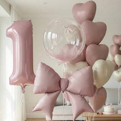 1 Set Pink Birthday Decoration Balloon Kit, Includes 40-Inch Pink Number 0-9 Foil Balloons, 18-Inch Clear Bubble Balloons, Matte Pink Bow Balloons, And 18-Inch Heart Balloons, Suitable For Birthday Party, Princess Theme, Anniversary, Romantic Room Decor