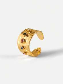 18K Gold Plated Stainless Steel Waterproof Adjustable Open Ring For Women, Hammered Wide Band Statement Ring With Multicolor Rhinestone Crystals, Tarnish-Free Hypoallergenic Jewelry - Open Ring - View 6