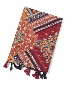 1pc Geometric Patchwork Balinese Chiffon Tassel Print Scarf - Multicolor - View 3