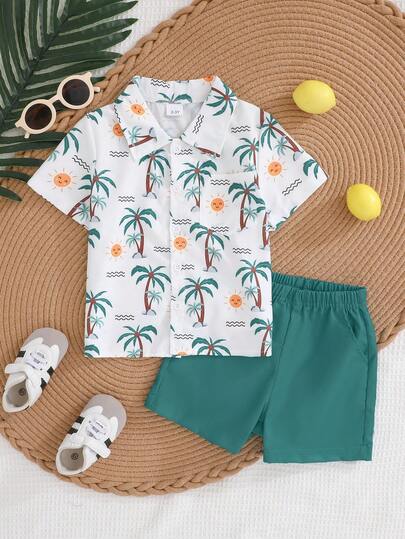 2pcs/Set Boys' Short Sleeve Shirt Outfit, Summer New Sports Casual Coconut Tree All-Over Print Top And Pants, Perfect Fit