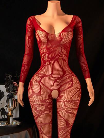 1件装女士性感内衣渔网连体衣，无裆连体衣，镂空透视长袖，性感女郎装扮，比基尼罩衫，性感派对角色扮演服装，情人节