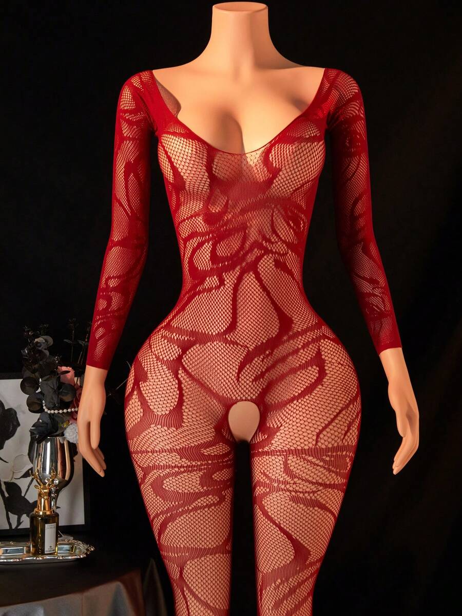 1件装女士性感内衣渔网连体衣，无裆连体衣，镂空透视长袖，性感女郎装扮，比基尼罩衫，性感派对角色扮演服装，情人节 - 酒紅色 - 查看 1