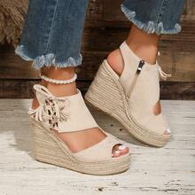 Velvet Fashion Button Closure Jute Rope Stylish Lightweight Wedge Heel Women Shoes - Beige - View 13