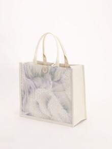 1 chiếc túi tote vải lanh phối lưới và đính sequin nhiều màu sắc, thiết kế thêu hoa lá thời trang, túi đeo vai vuông dung tích lớn, túi mua sắm phong cách thường ngày cho kỳ nghỉ (Họa tiết hoa được phân bố ngẫu nhiên) - Nhiều màu - Xem 7