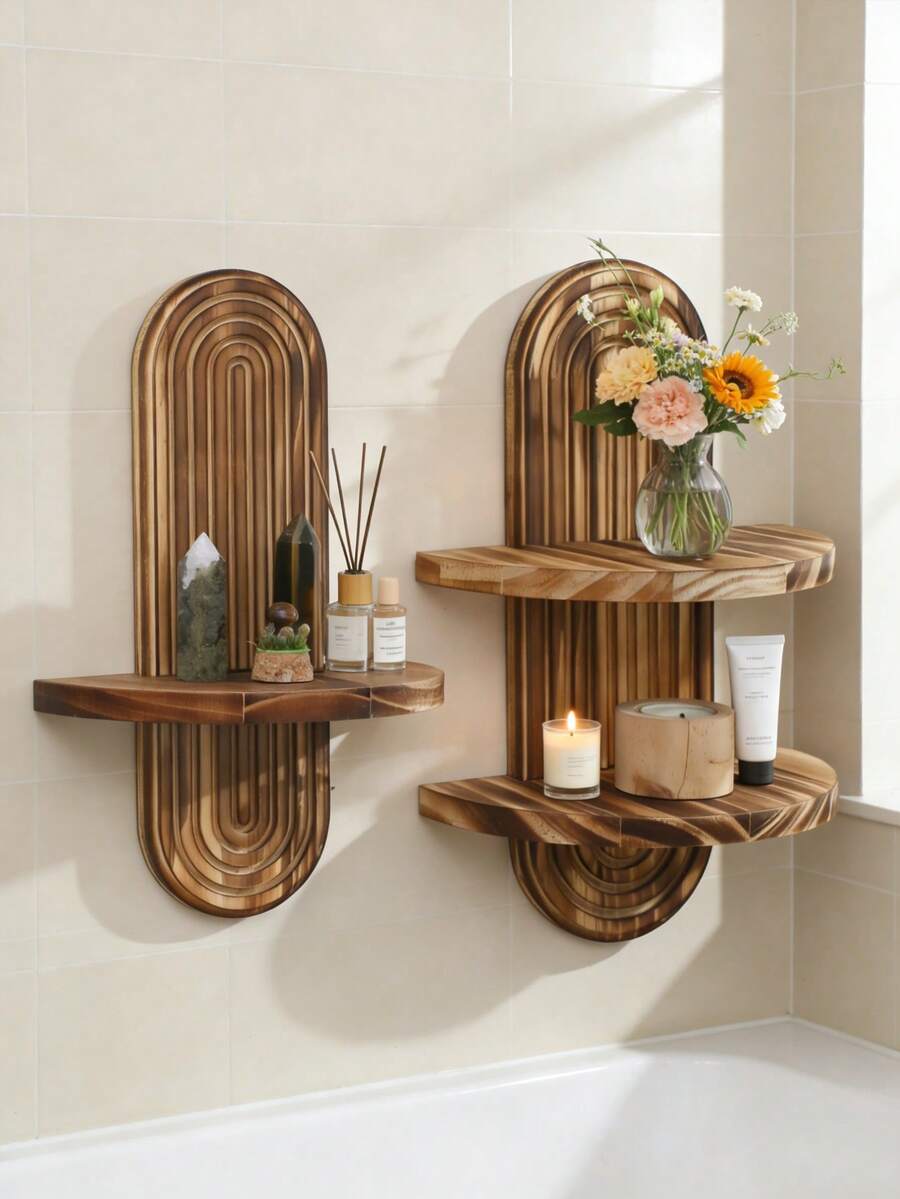 1 pieza/2 piezas Estantes flotantes de pared con forma geométrica, estante de almacenamiento de pared de madera rústica, adecuado para baño, dormitorio, cocina, entrada, decoración de granja, decoración de pared de primavera/verano