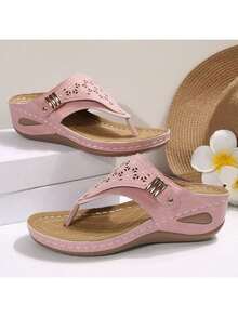 2026 New Style Women's Wedge Heel Flip-Flops - Breathable Hollow-Out Toe & Clip Design, Lightweight Synthetic Cover Sandals With Cushioned EVA Insole & Non-Slip PVC Sole, Slip-On All-Season Casual Shoes, Comfortable Footwear, Crisscross Strap Design, Durable Traction Footwear - Pink - View 3