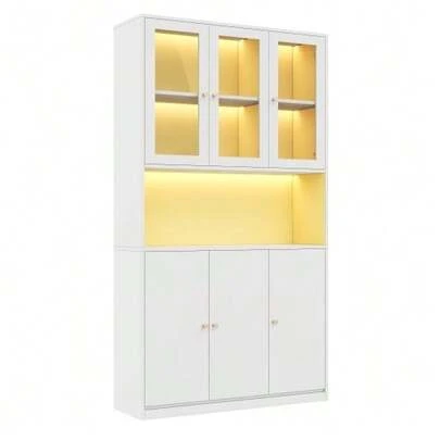 100*35*200 Cm Bookcase With Glass Doors And LED Lighting – Freestanding Storage Unit With Glass-Fronted Cabinet, Open Compartment And 3 Doors, Filing Cabinet For Files And Books, White