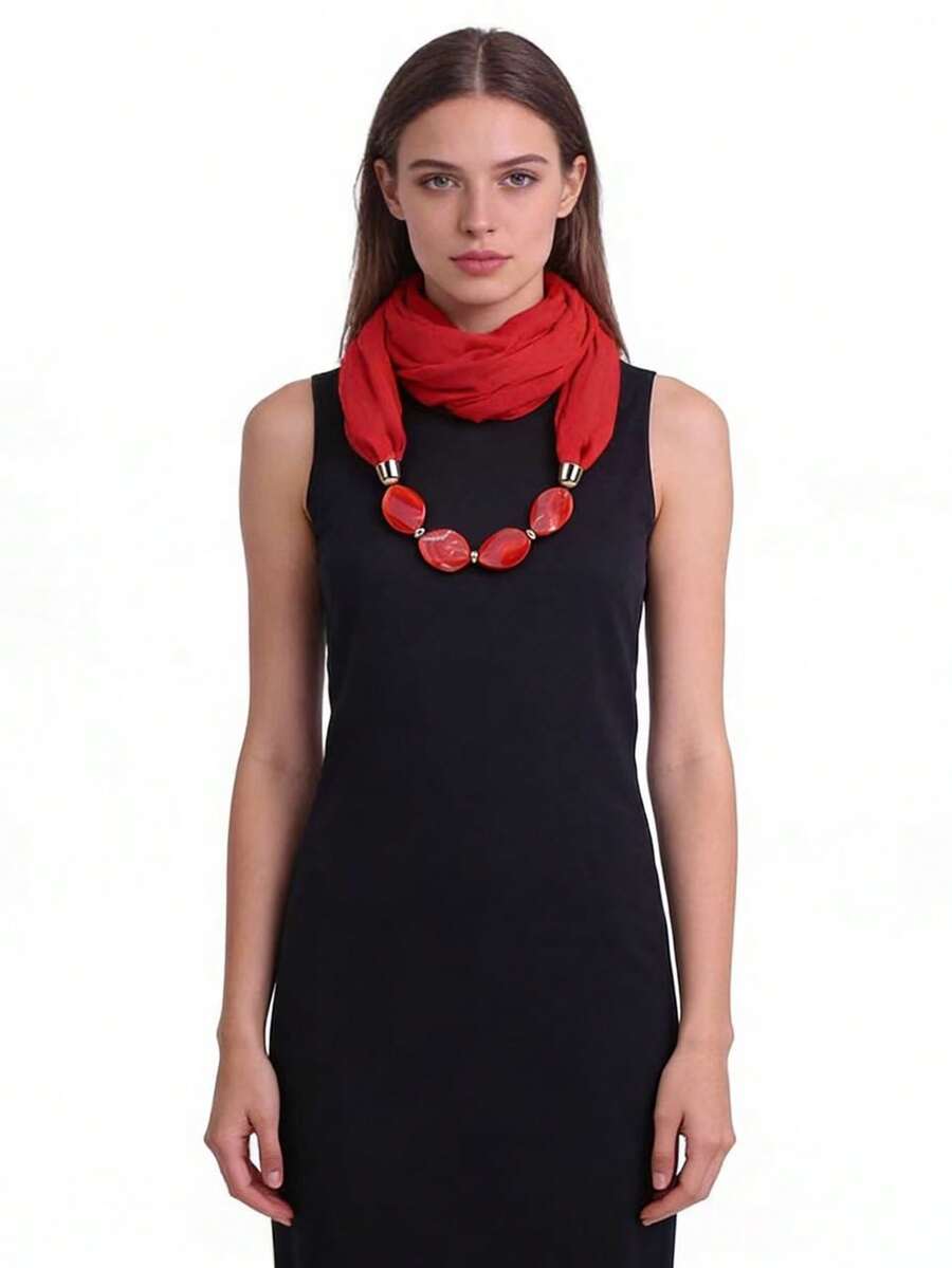 1pc Solid Color Ring Scarf With Pearl Necklace Accessory,Beach,Holiday - Multicolor - View 1
