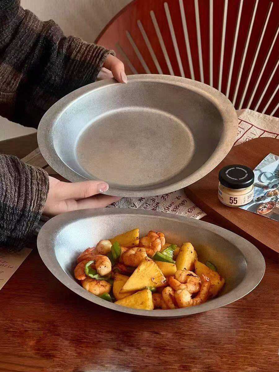 1pc Retro American Style 304 Stainless Steel Oval Plate, Western Dining Plate, Curry Rice Pasta Salad Plate, Cafe Tableware - View 1