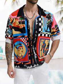 男士衬衫一件，黑红花卉印花，翻领，长袖，单排扣，休闲大码衬衫，优雅成功的男士外套 - 透气舒适，适合海滩、度假、工作、日常穿着、派对、宴会、婚礼等各种场合，是送给男友、丈夫、父亲、父亲节及其他节日的理想礼物。 - 紅色 - 查看 2