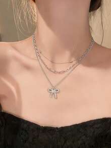 New Arrival Multi-Layer Rhinestone Bow Tie Choker Necklace For Women, Luxury Minimalist Delicate Necklace - Silver - View 4