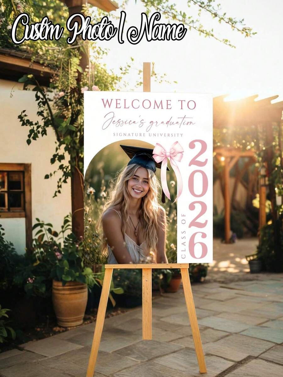 1pc Customized Graduation Poster, Floral Graduation Party Welcome Sign And Photo, Personalized Name Text, Graduation Theme Party Background, Unframed Canvas Poster, Graduation Party Supply - Multicolor - View 1
