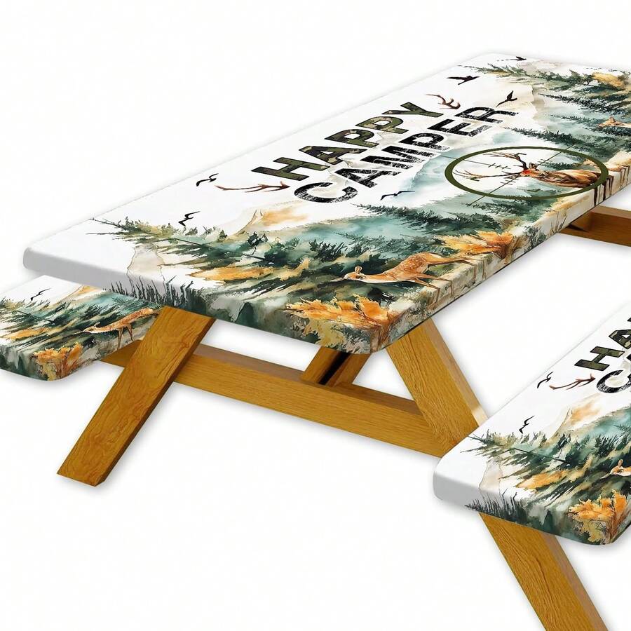 3PCs Camping Picnic Tablecloth Set, Picnic Table Cover With Bench Covers, Camping Is My Happy Place Design Table And Chair Covers, Camping Essentials, Camping Fitted Tablecloth, Outdoor Camping Tablecloths, Suitable For Indoor, Outdoor, Patio, Camping, Picnics, Parties, Kitchen Essentials, Perfect For Camping Day/Birthday Celebration/Anniversary/Christmas/Holiday/Thanksgiving/Birthday Home Decoration - 樣式-2 - 查看 1