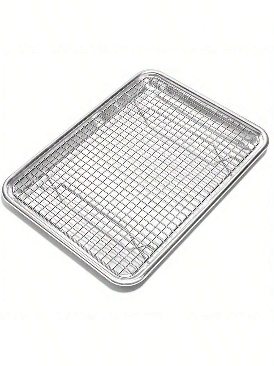 Bộ 1 khay nướng bằng thép không gỉ kèm giá làm nguội, chống gỉ sét, vành dày, thích hợp để nấu nướng, đồ dùng cho lễ Eid Al-Fitr và Eid Al-Adha, dụng cụ nướng BBQ. - 23,5x17,5x2,5cm - Xem 1