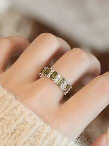 两件套优雅精致超闪亮橄榄绿锆石戒指，独特镂空设计 - 綠色 - 查看 4