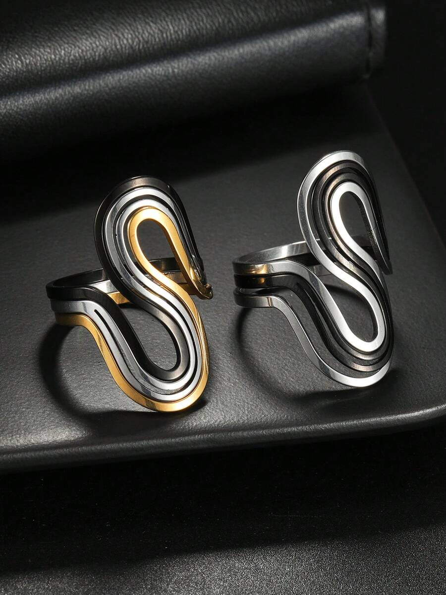 Set de 3 anillos de mujer con diseño geométrico exagerado en forma de S, anillos populares de moda - geometría - Ver 1
