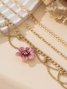 3pcs Set Of Elegant Vintage Luxury Handmade Gradient Tie Dye Pink Eggplant Flower Tassel Anklets - Pink - View 2