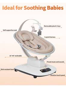 Columpio eléctrico para bebés y niños pequeños: 5 movimientos relajantes y velocidades ajustables, reclinación ajustable, arnés de 5 puntos, control remoto, nanas y balancín portátil para recién nacid - Caqui - Ver 6