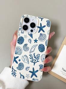 1pc White Blue Tone Shell Conch Personalized Pattern Full Coverage TPU Anti-Fall Phone Case Compatible With Apple 16 15 14 13 12 11promax - Multicolor - View 2