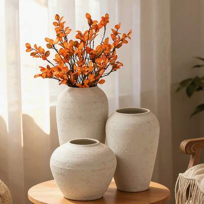 7-Inch Bohemian Style Decorative Vase, Round Ceramic White Glazed Bowl-Shaped Vase, Suitable For Living Room, Tabletop, Shelves And Dining Table Decor, Rustic Farmhouse Style Home Decor